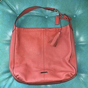 Coach large pebbled leather classic shoulder purse bag muted red with tassel